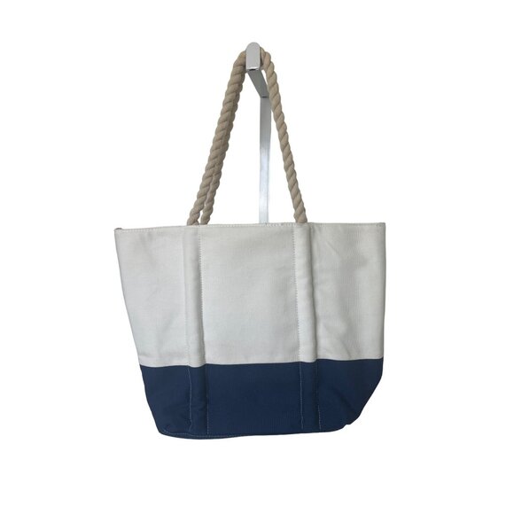 Neiman Marcus Nautical Beach Tote Navy & White Canvas With Rope Handles - Picture 1 of 3